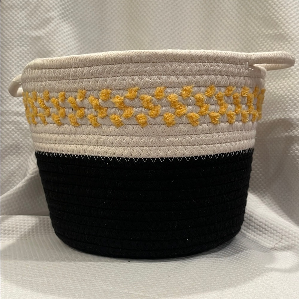 Black and Cream Woven Basket with Yellow Accents